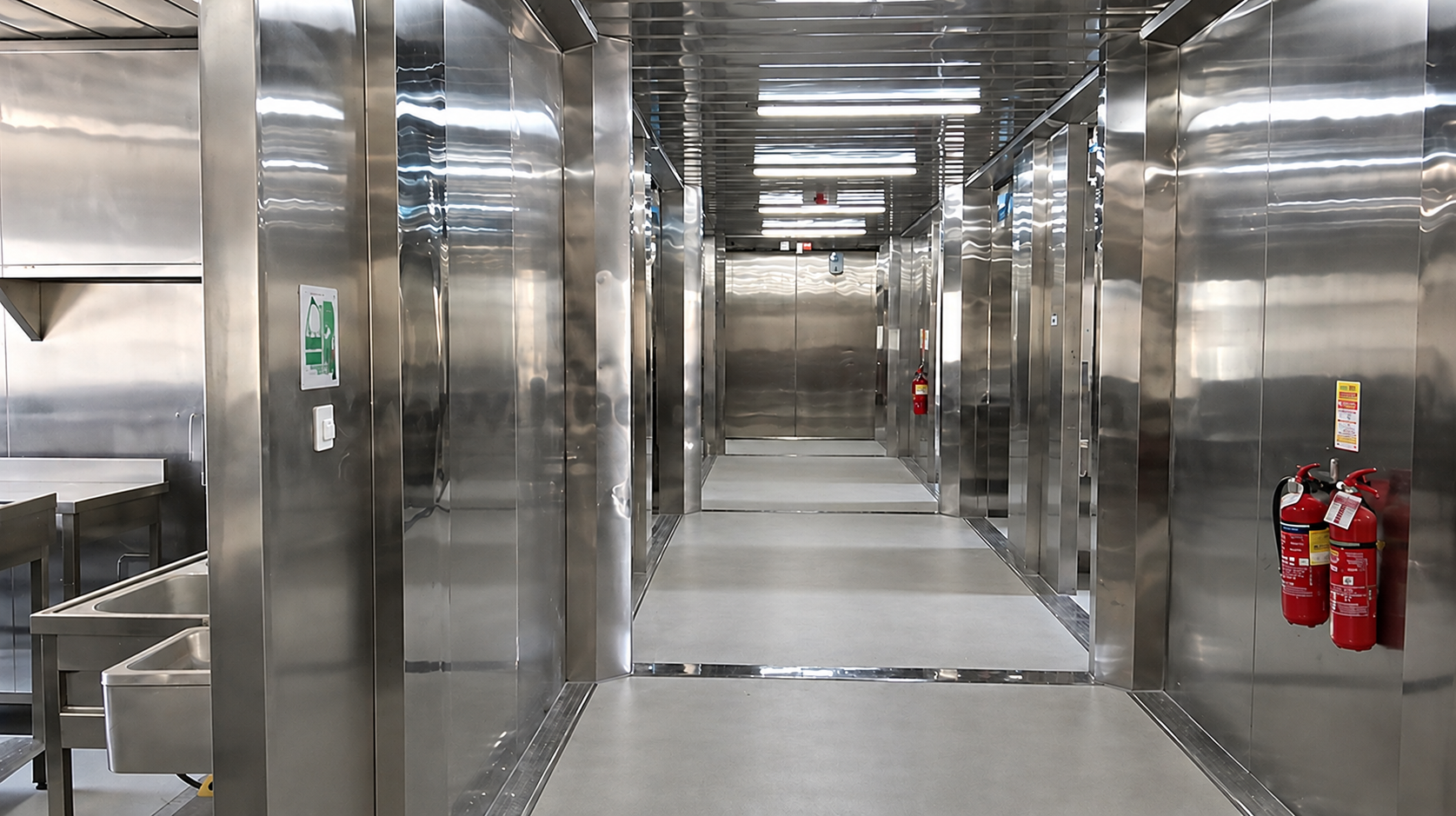 Metal-lined kitchen and service corridor with doors and openings into adjoining rooms.