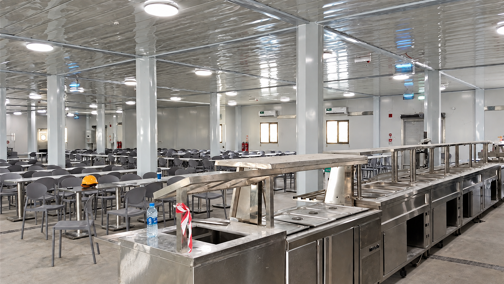 A long metal serving counter in front of dining tables, chairs and columns in a hall.
