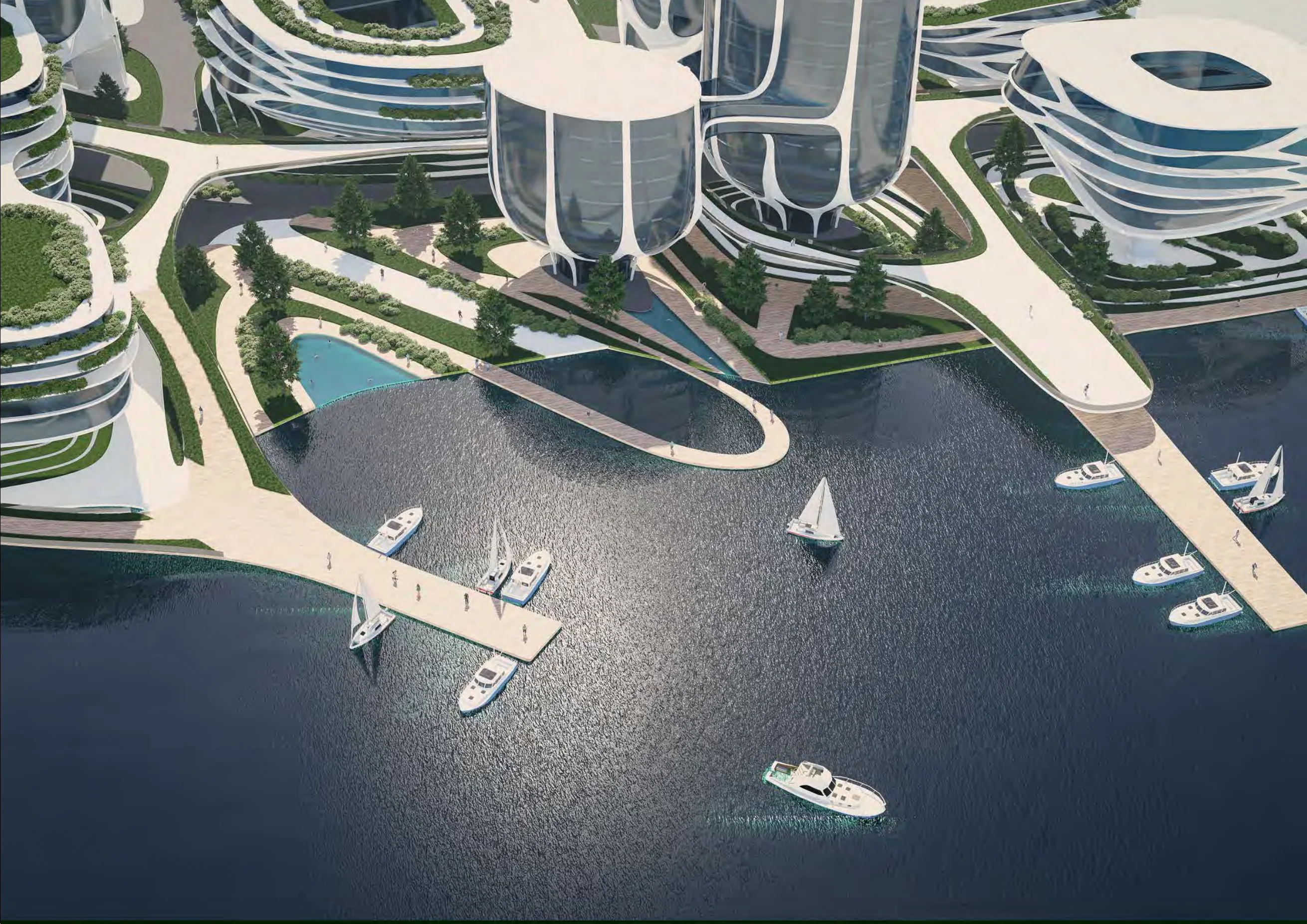 Aerial project visualisation of a waterfront district organised around canals, public routes and mixed-use buildings.