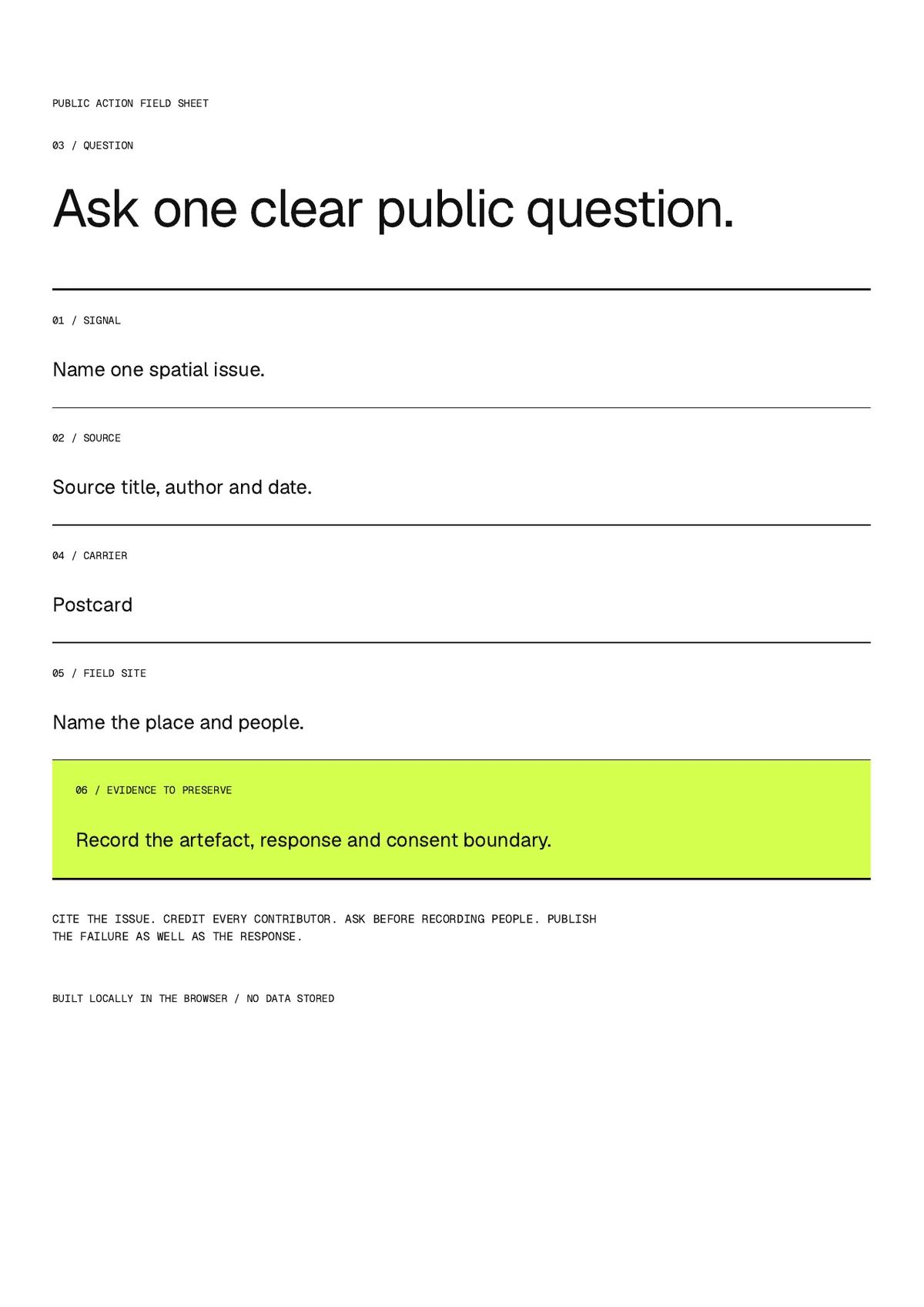 Field Kit output showing where the signal, source, question, carrier, place and evidence plan appear on the sheet.