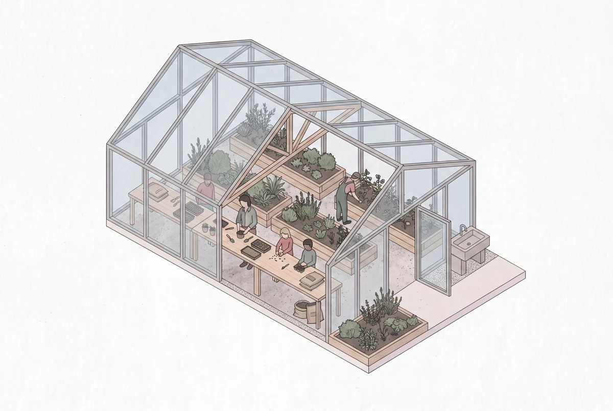 Editorial illustration of a greenhouse learning space with growing beds and places to gather.