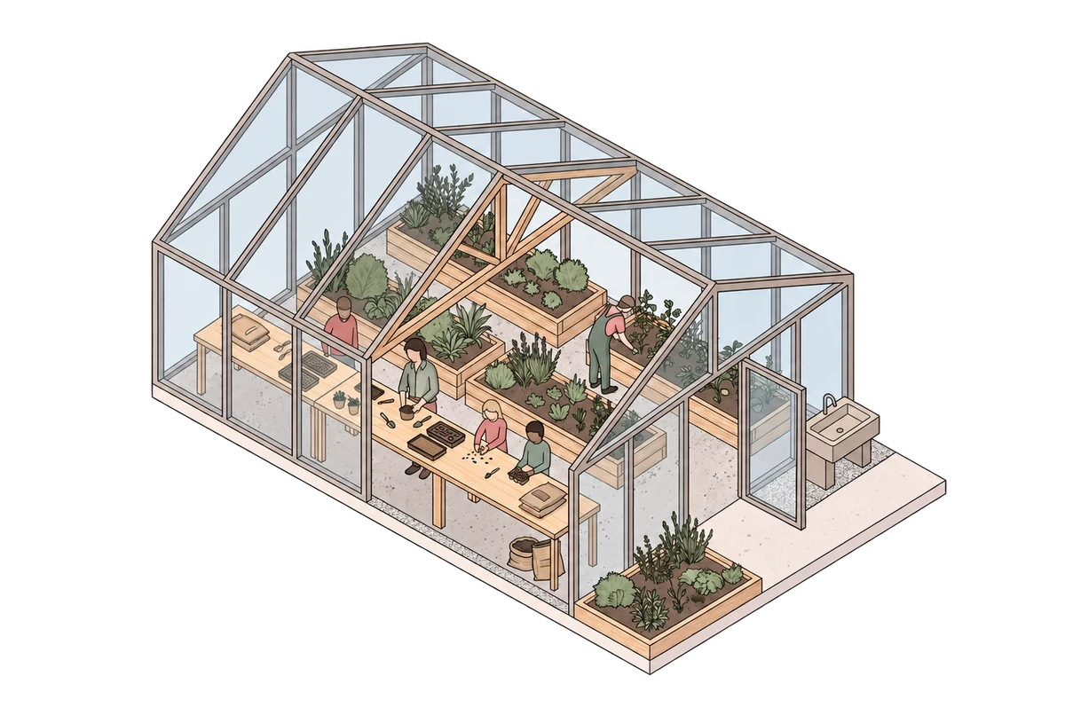 Editorial illustration of a greenhouse learning space with growing beds and places to gather.
