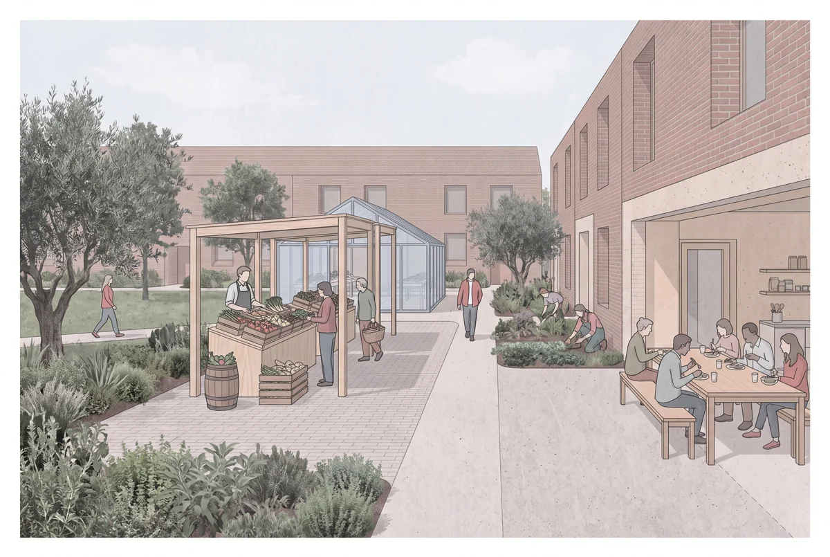 Editorial illustration of a public food ground with cultivation and spaces for shared activity.