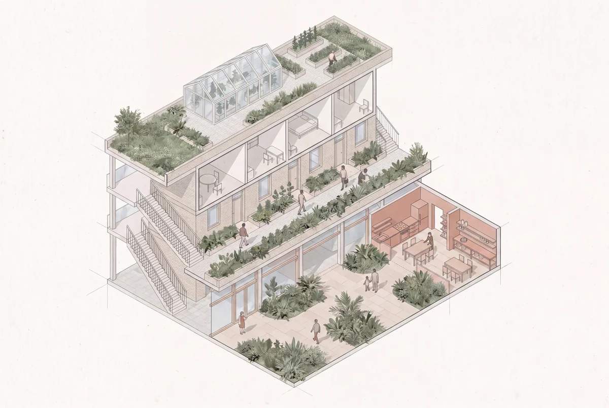 Cutaway editorial illustration of food-growing and shared spaces alongside housing.