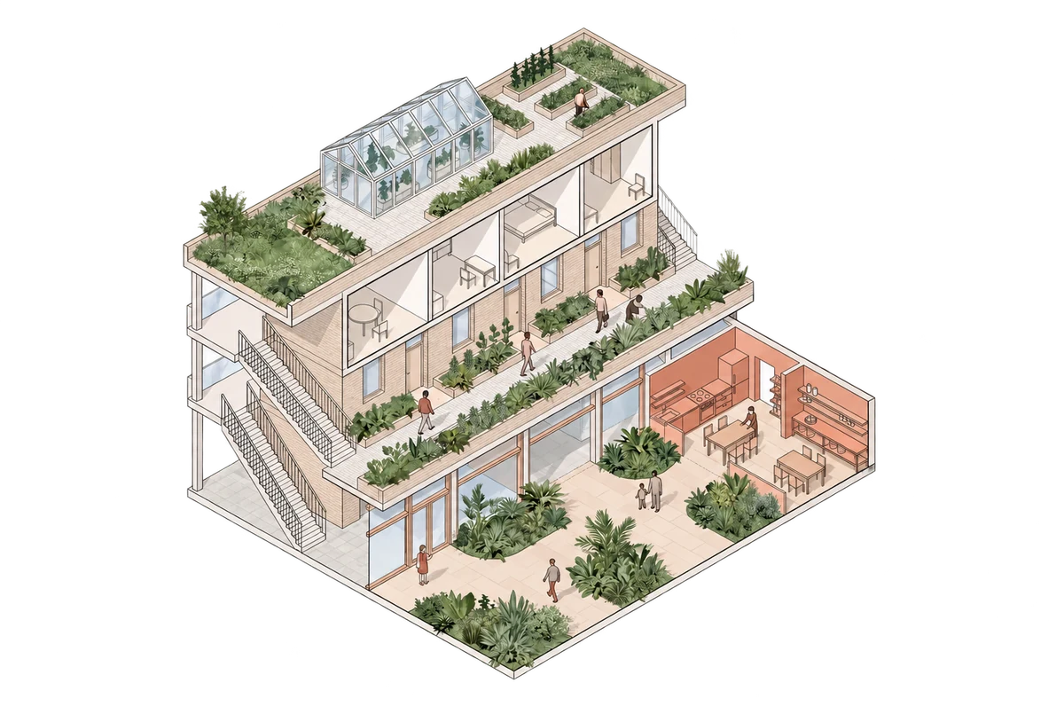 Cutaway editorial illustration of food-growing and shared spaces alongside housing.