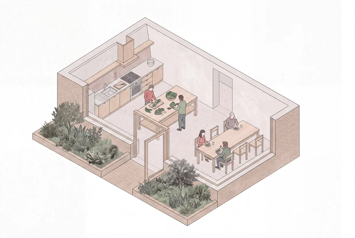 Editorial illustration of a shared kitchen and dining space for preparing and eating together.