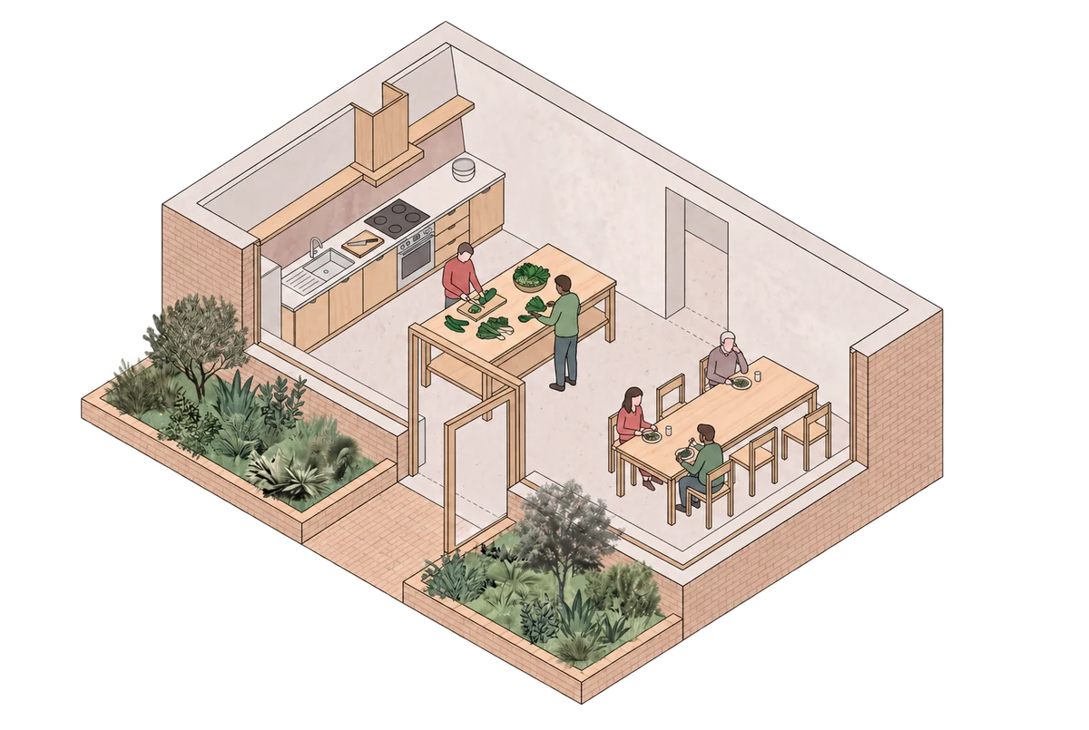 Editorial illustration of a shared kitchen and dining space for preparing and eating together.