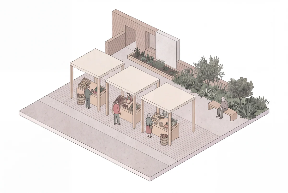 Editorial illustration of a farmers’ market with stalls, produce and open space for exchange.