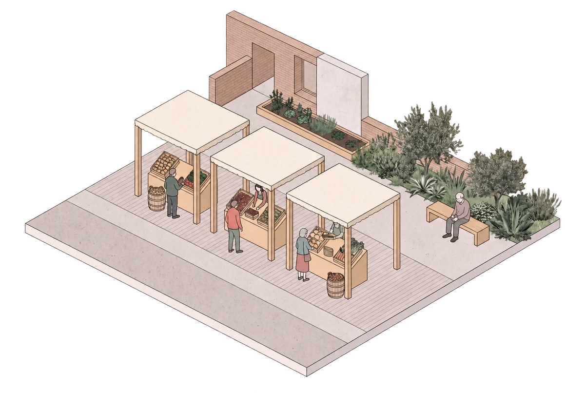 Editorial illustration of a farmers’ market with stalls, produce and open space for exchange.