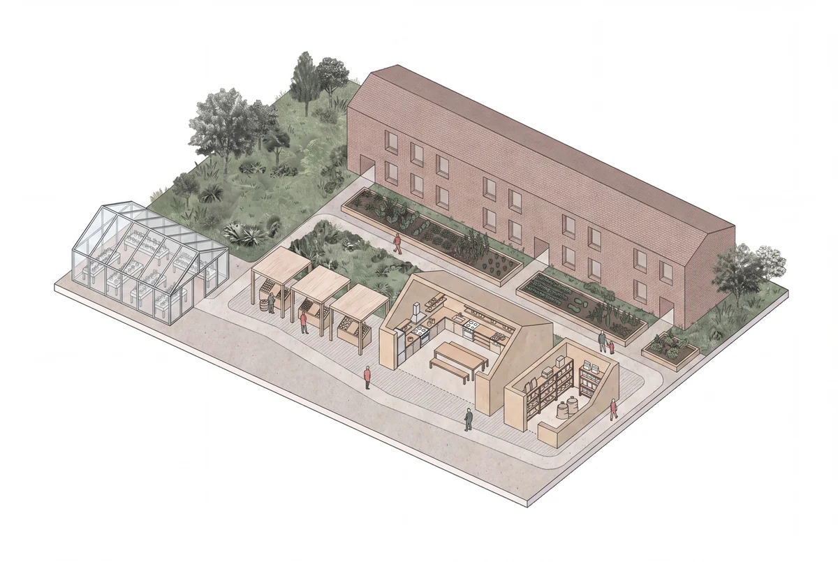 Axonometric editorial illustration connecting housing, growing spaces, a market and shared food facilities.