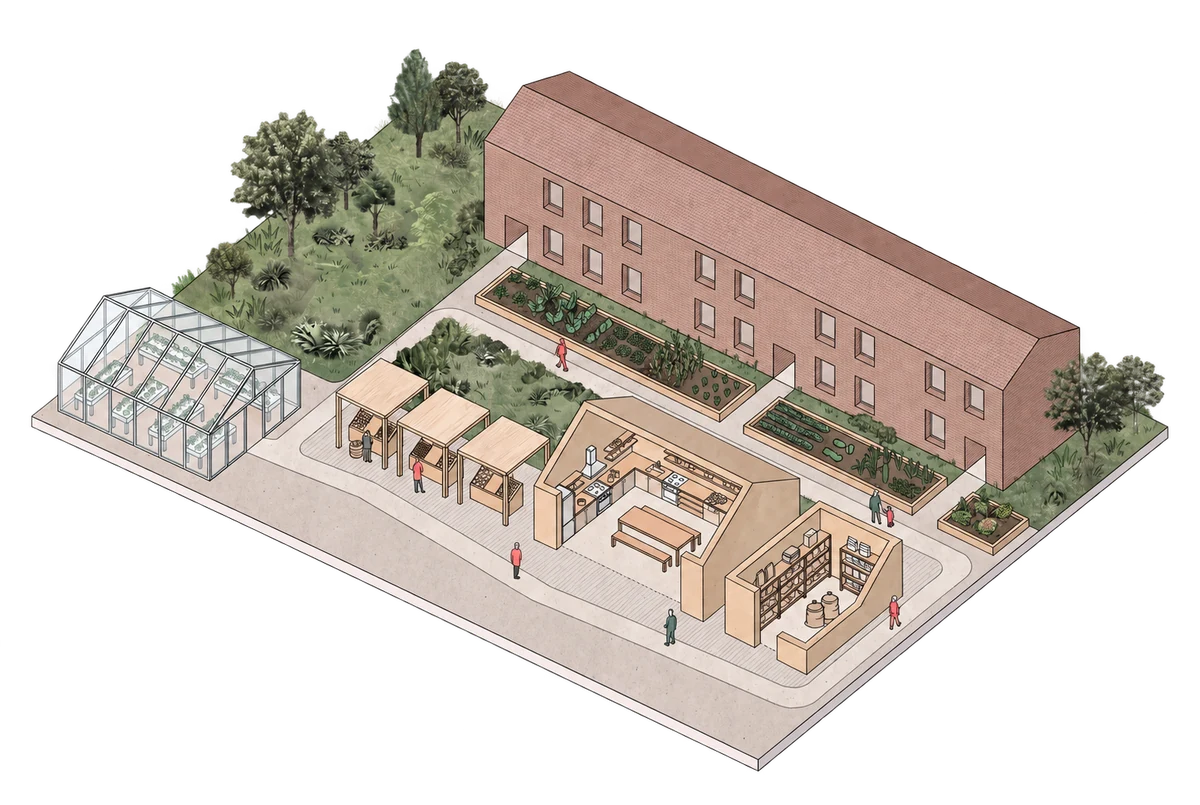 Axonometric editorial illustration connecting housing, growing spaces, a market and shared food facilities.