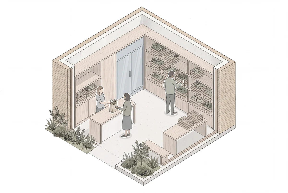 Editorial illustration of a neighbourhood pantry with food storage and a distribution counter.