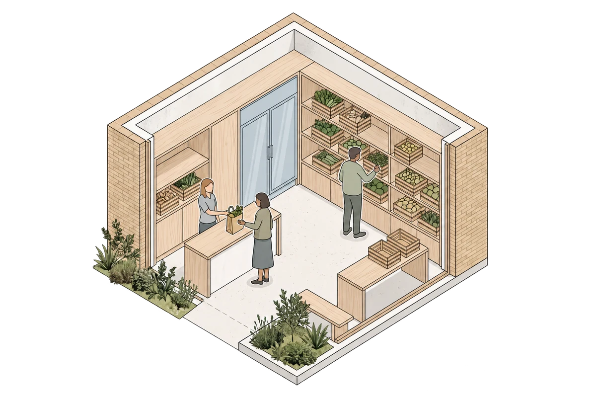 Editorial illustration of a neighbourhood pantry with food storage and a distribution counter.