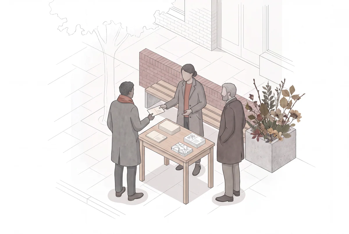 Editorial illustration of people exchanging a postcard and discussing a public question at a small table; not a photograph of an event.