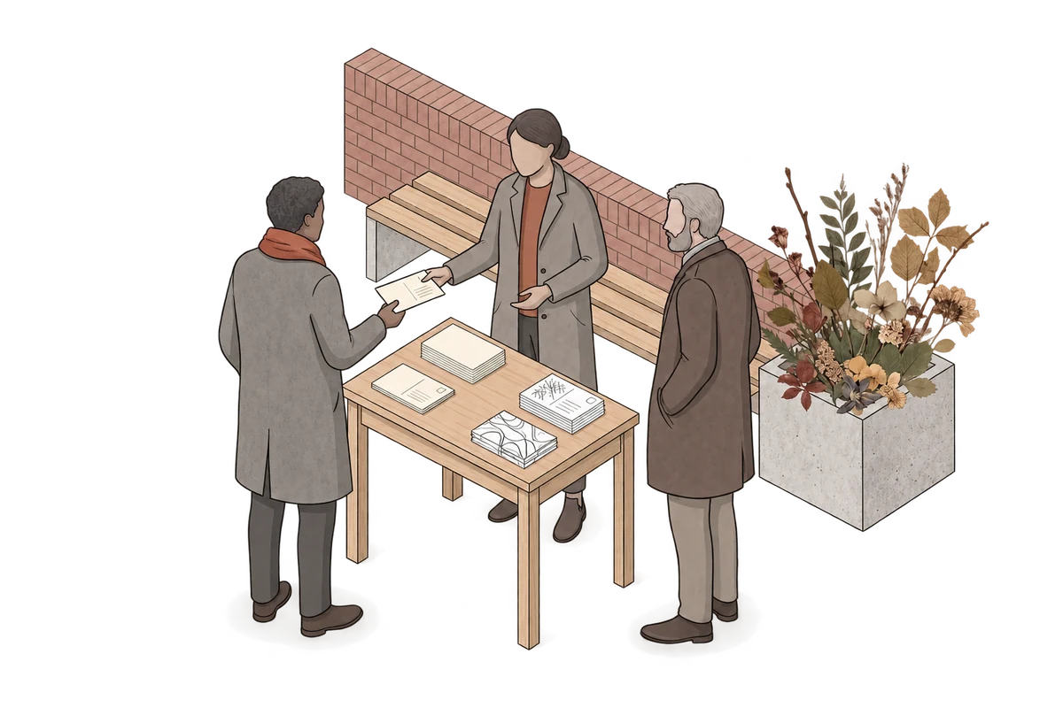 Editorial illustration of three people exchanging postcards around a small table, beside a bench and planted container.