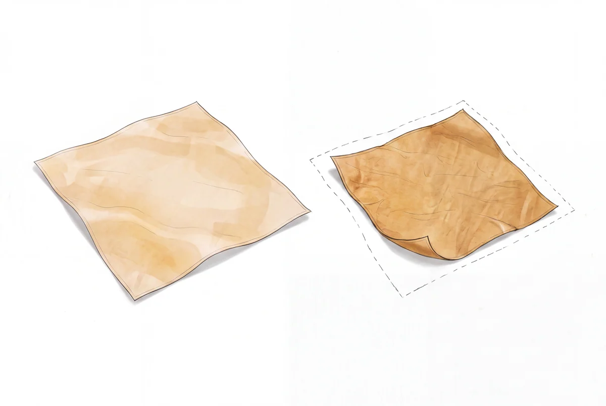 Qualitative paired drawing of a pale damp sheet and a smaller wrinkled dry sheet; a dashed outline indicates the earlier perimeter without measured dimensions.