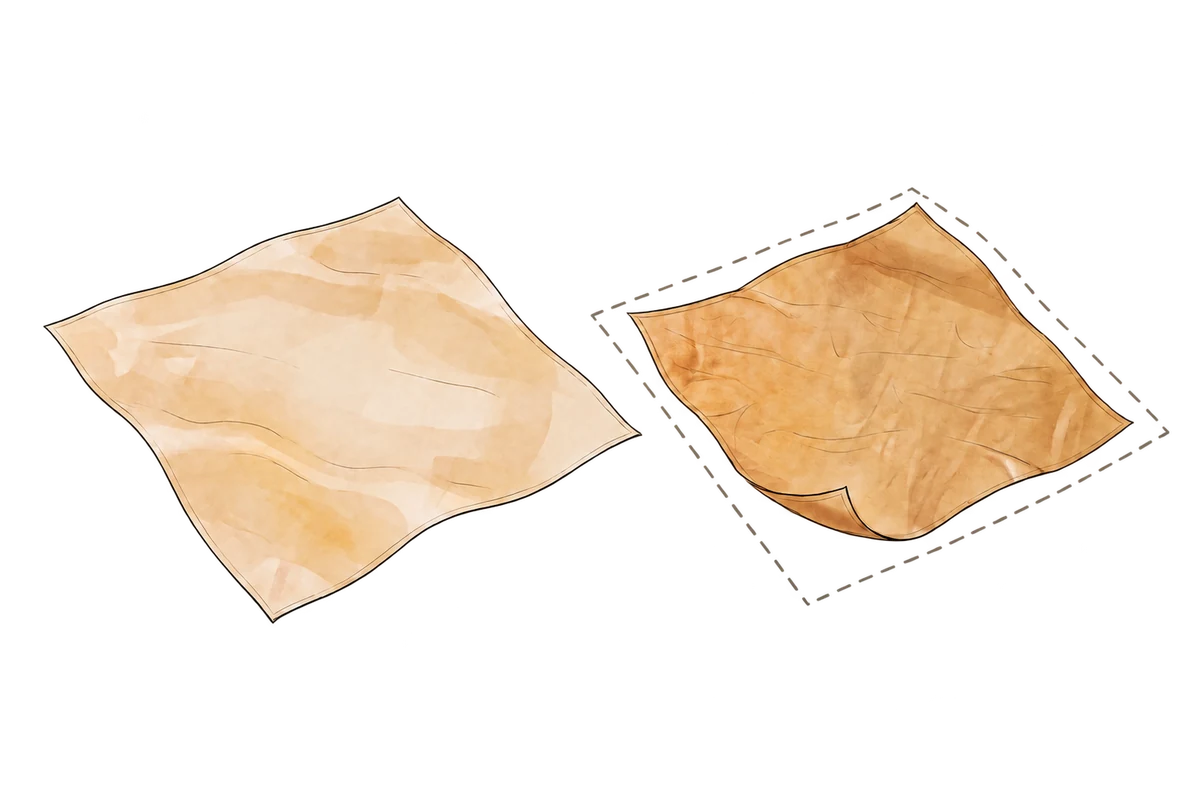 Qualitative paired drawing of a pale damp sheet and a smaller wrinkled dry sheet; a dashed outline indicates the earlier perimeter without measured dimensions.
