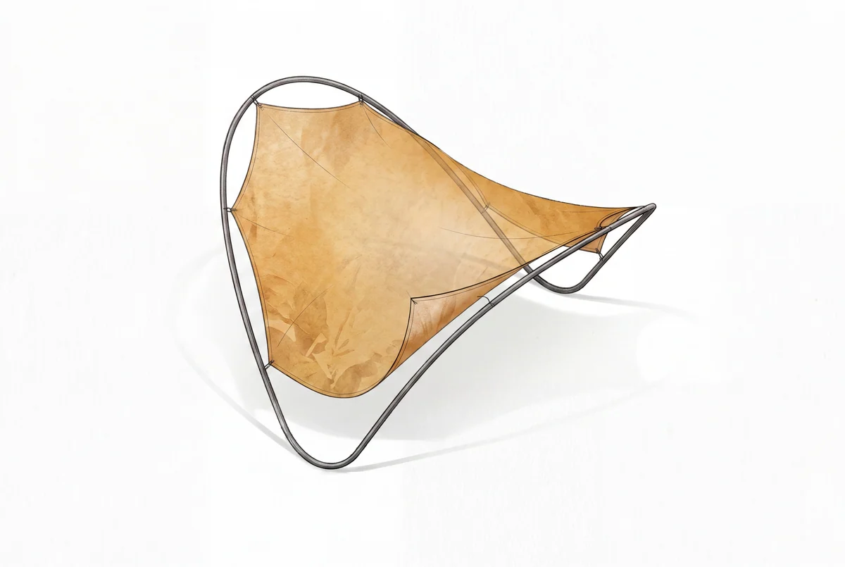 Qualitative illustration distinguishing a thin amber membrane, edge attachments and curved supporting rods.