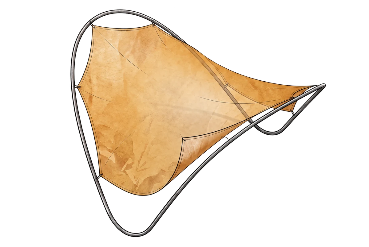 Qualitative illustration distinguishing a thin amber membrane, edge attachments and curved supporting rods.