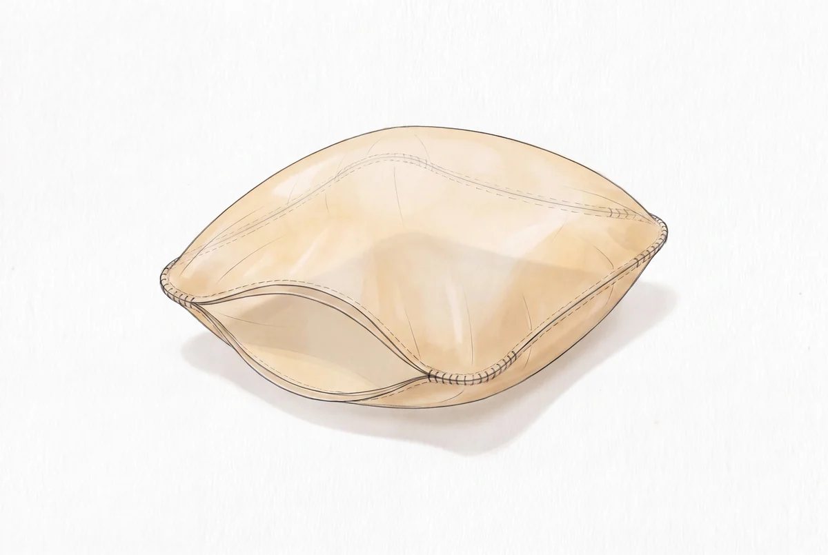 Qualitative cutaway of two joined amber membranes enclosing volume, with the thin skins and perimeter seam visible.