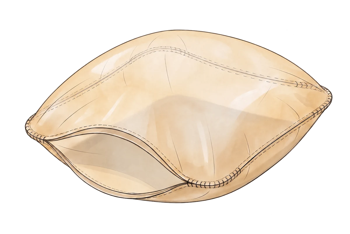 Qualitative cutaway of two joined amber membranes enclosing volume, with the thin skins and perimeter seam visible.