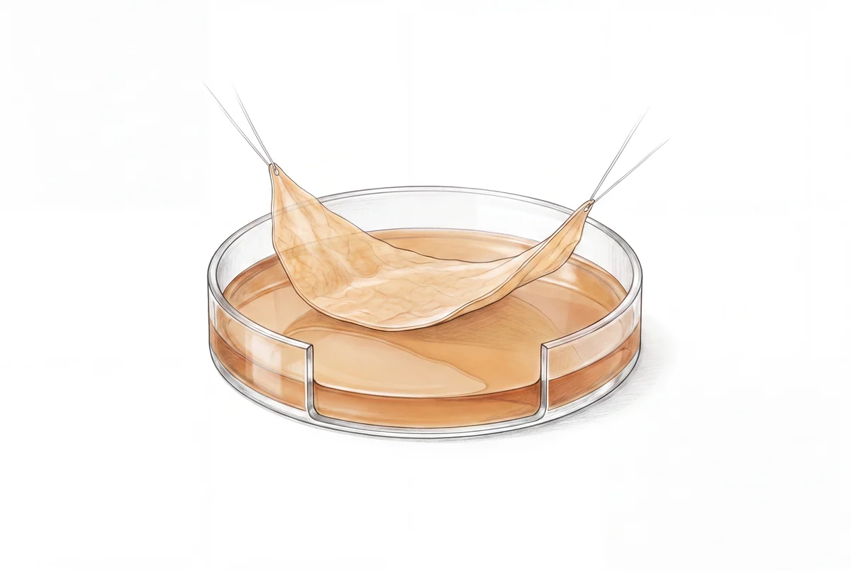 Qualitative illustration of a membrane lifted over a growth surface by fine supports.