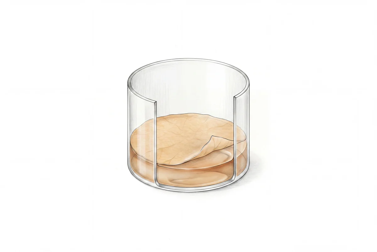 Qualitative cutaway showing a surface membrane, growth medium and glass culture vessel.