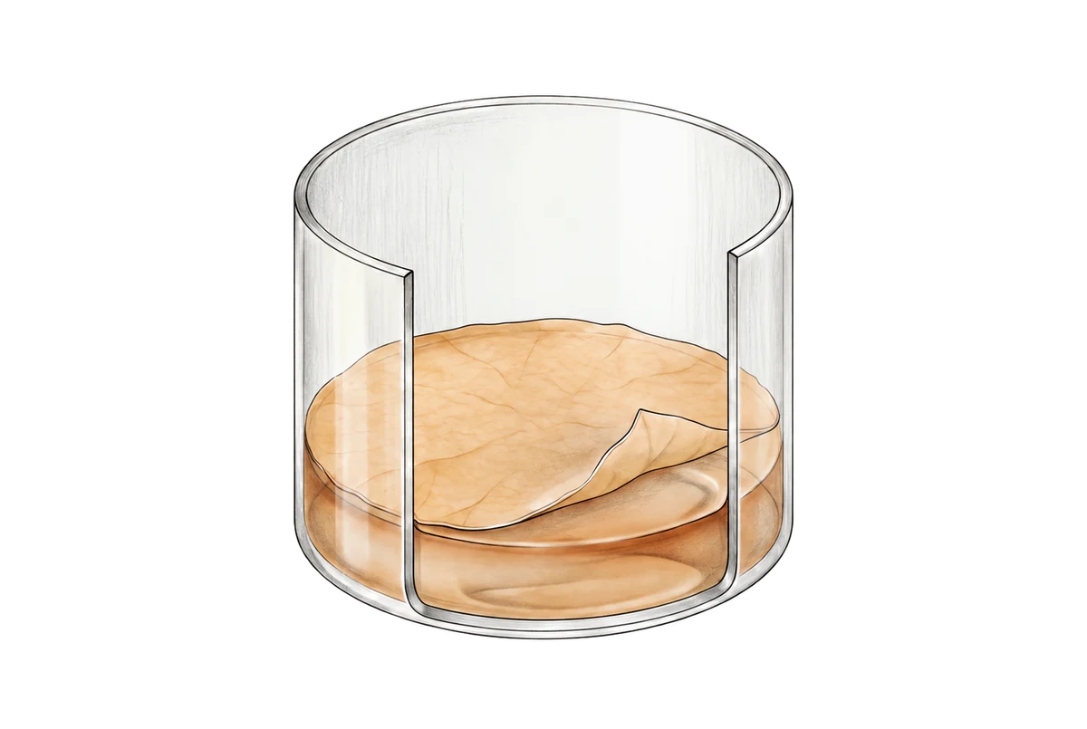 Qualitative cutaway showing a surface membrane, growth medium and glass culture vessel.